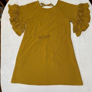 NWT Mustard Yellow Rethm Women's Dress Large Ruffle Lace Sleeve Polyester